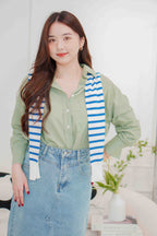 Island Resort Collar Button Down Linen Top in Green