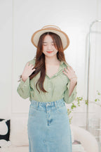 Island Resort Collar Button Down Linen Top in Green