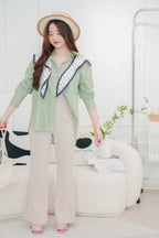Island Resort Collar Button Down Linen Top in Green