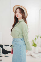 Island Resort Collar Button Down Linen Top in Green