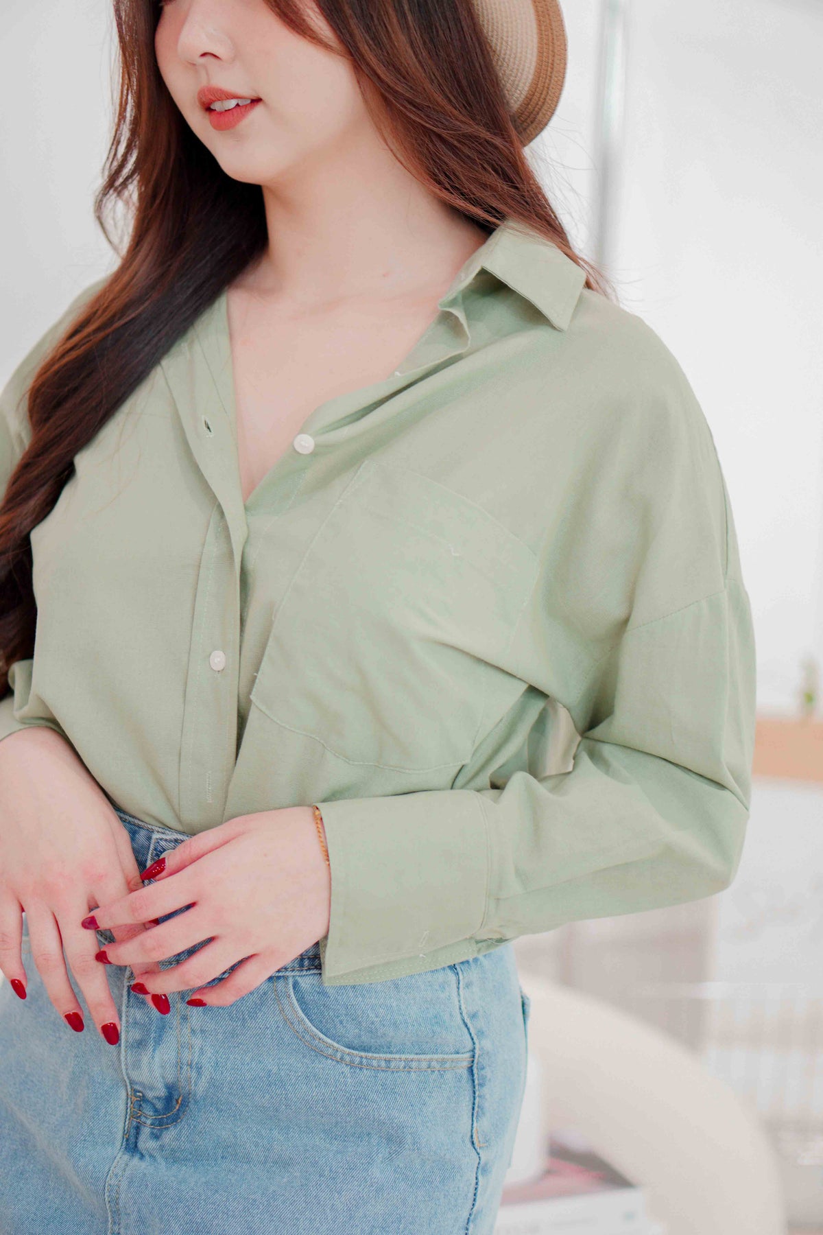 Island Resort Collar Button Down Linen Top in Green