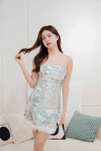 Dita Padded Furry Sequin Bodycon Dress in Silver