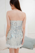 Dita Padded Furry Sequin Bodycon Dress in Silver