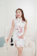 Ruan Short Sleeveless Pink Floral Cheongsam in White