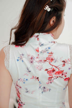 Ruan Short Sleeveless Pink Floral Cheongsam in White