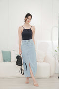 Taylor Front Slit Denim Skirt in Blue