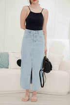 Taylor Front Slit Denim Skirt in Blue