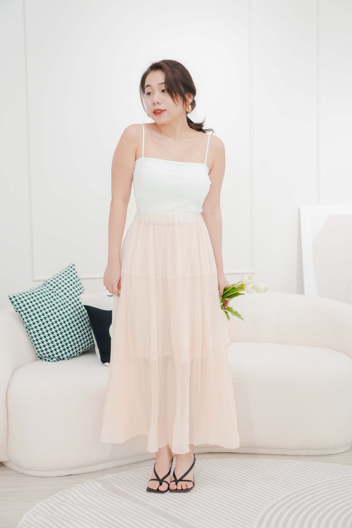 Cream Love Flowy Chiffon Skirt in Beige