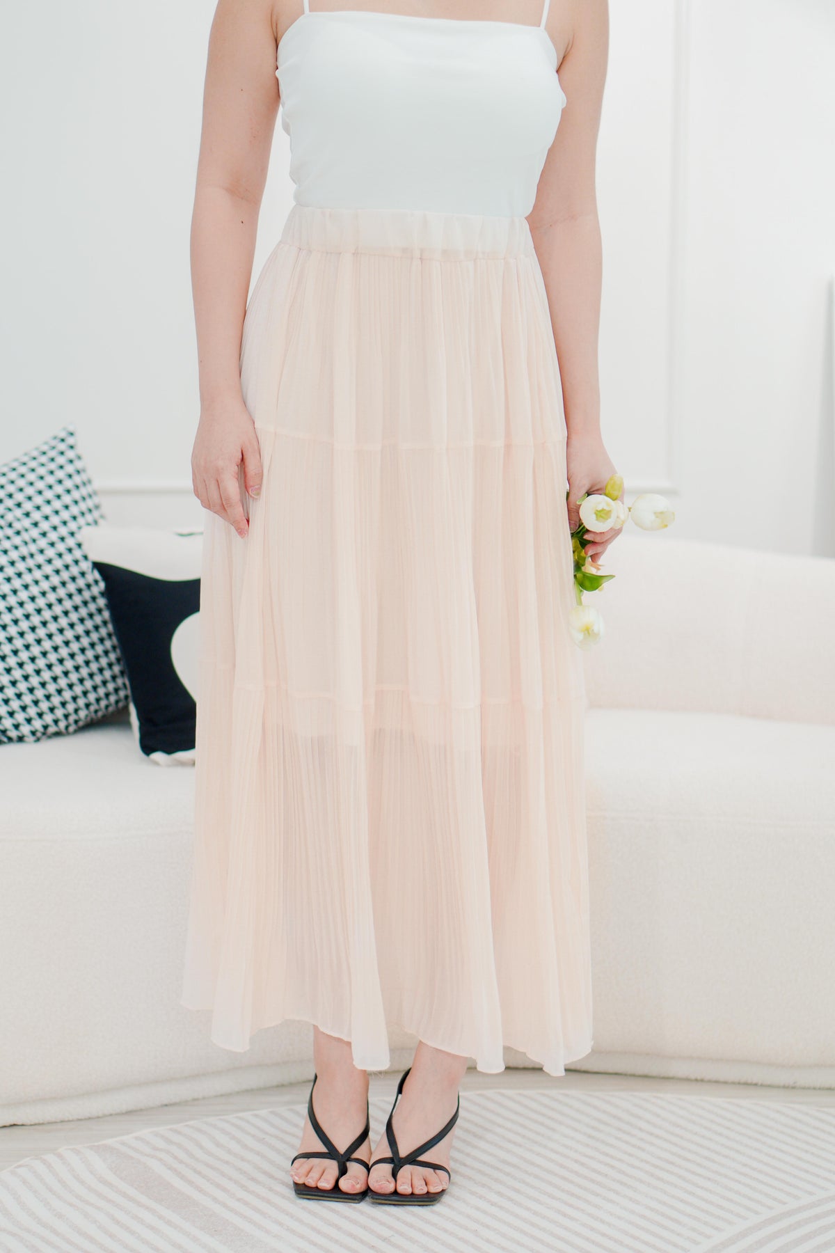 Cream Love Flowy Chiffon Skirt in Beige