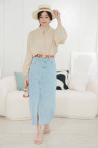 Taylor Front Slit Denim Skirt in Blue