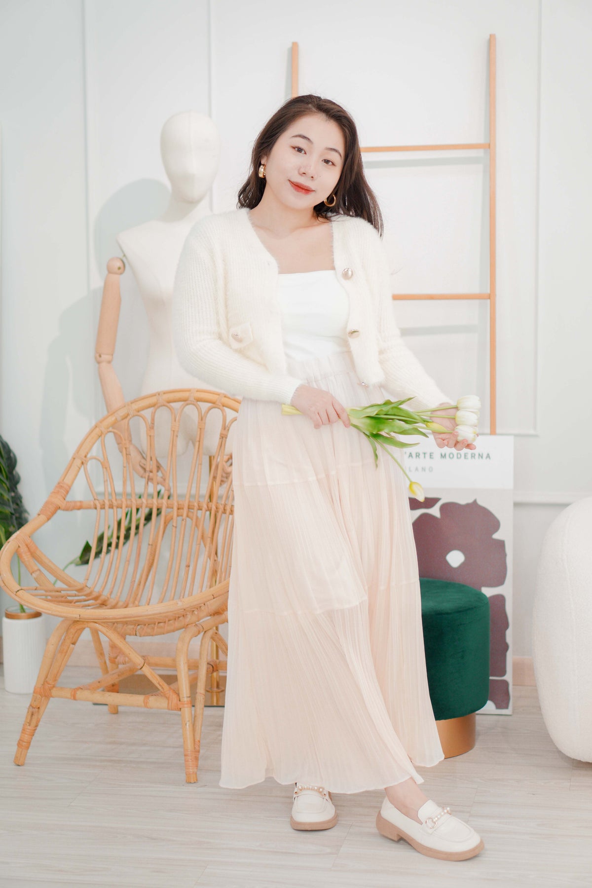 Cream Love Flowy Chiffon Skirt in Beige