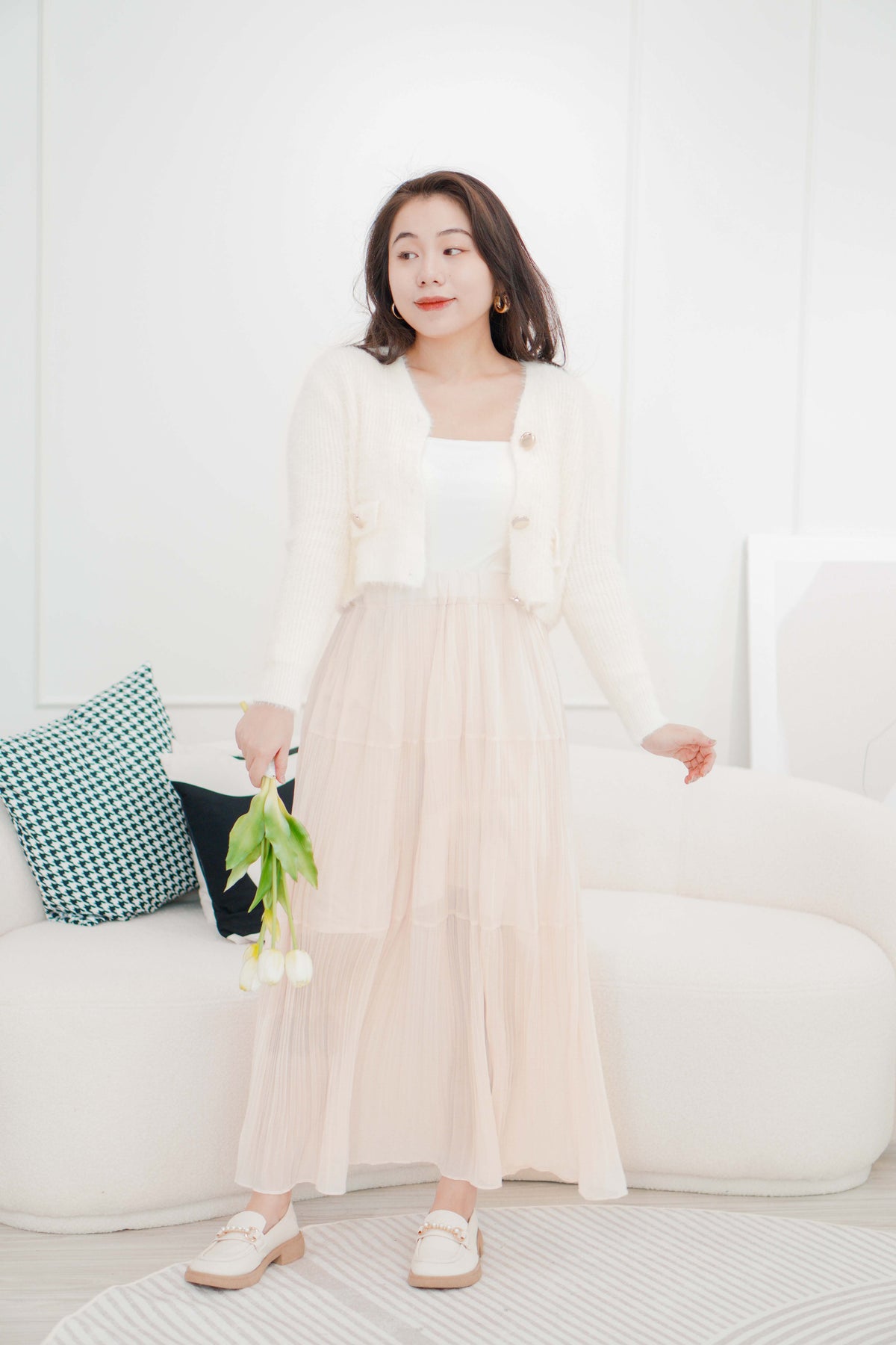 Cream Love Flowy Chiffon Skirt in Beige