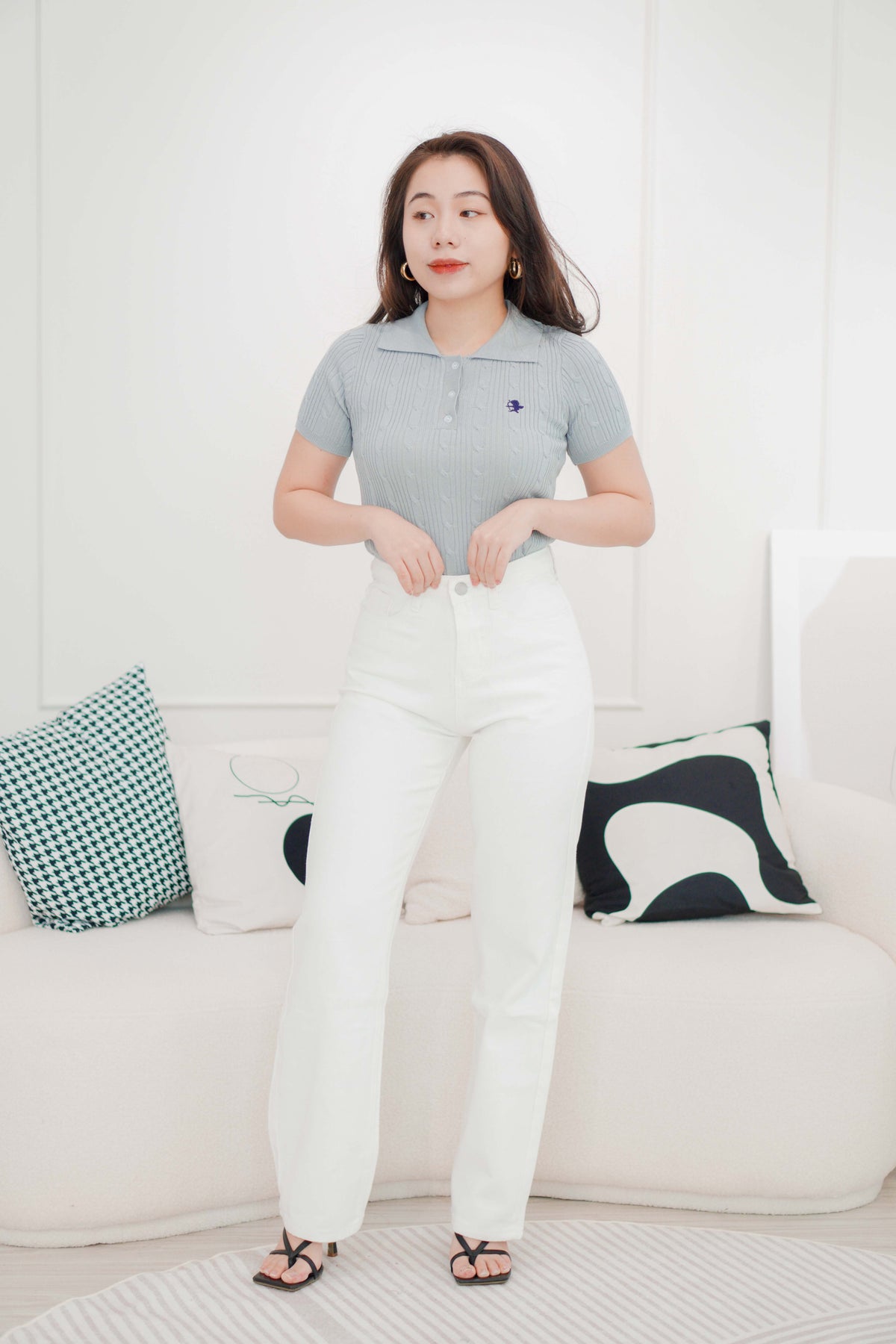 Laurent Polo Knit Collar Top in Grey
