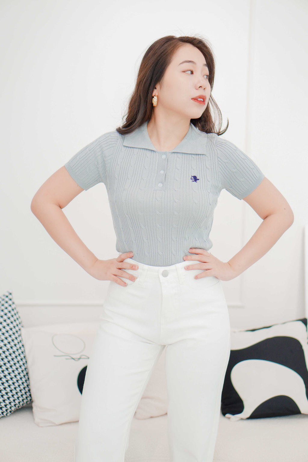 Laurent Polo Knit Collar Top in Grey