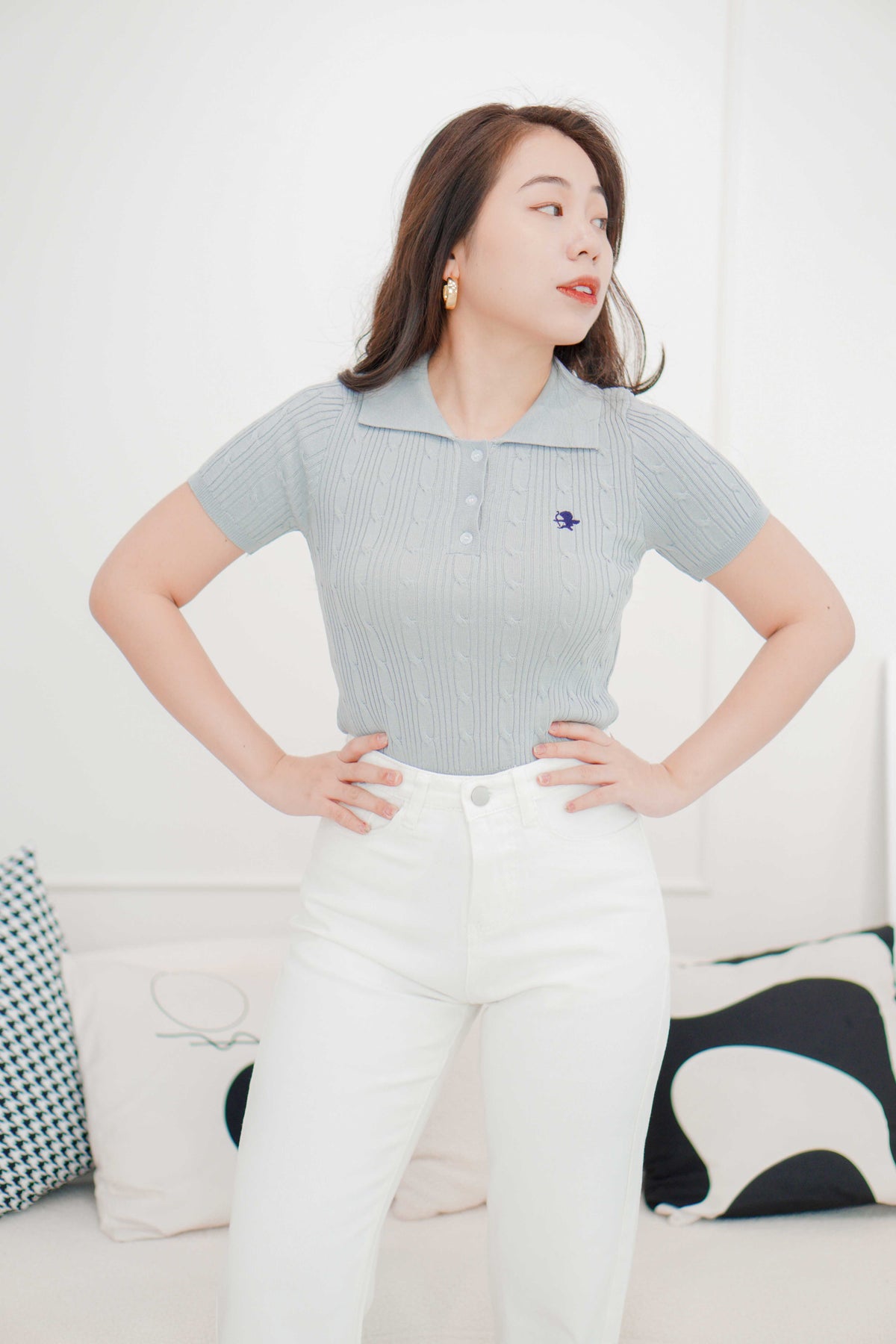 Laurent Polo Knit Collar Top in Grey