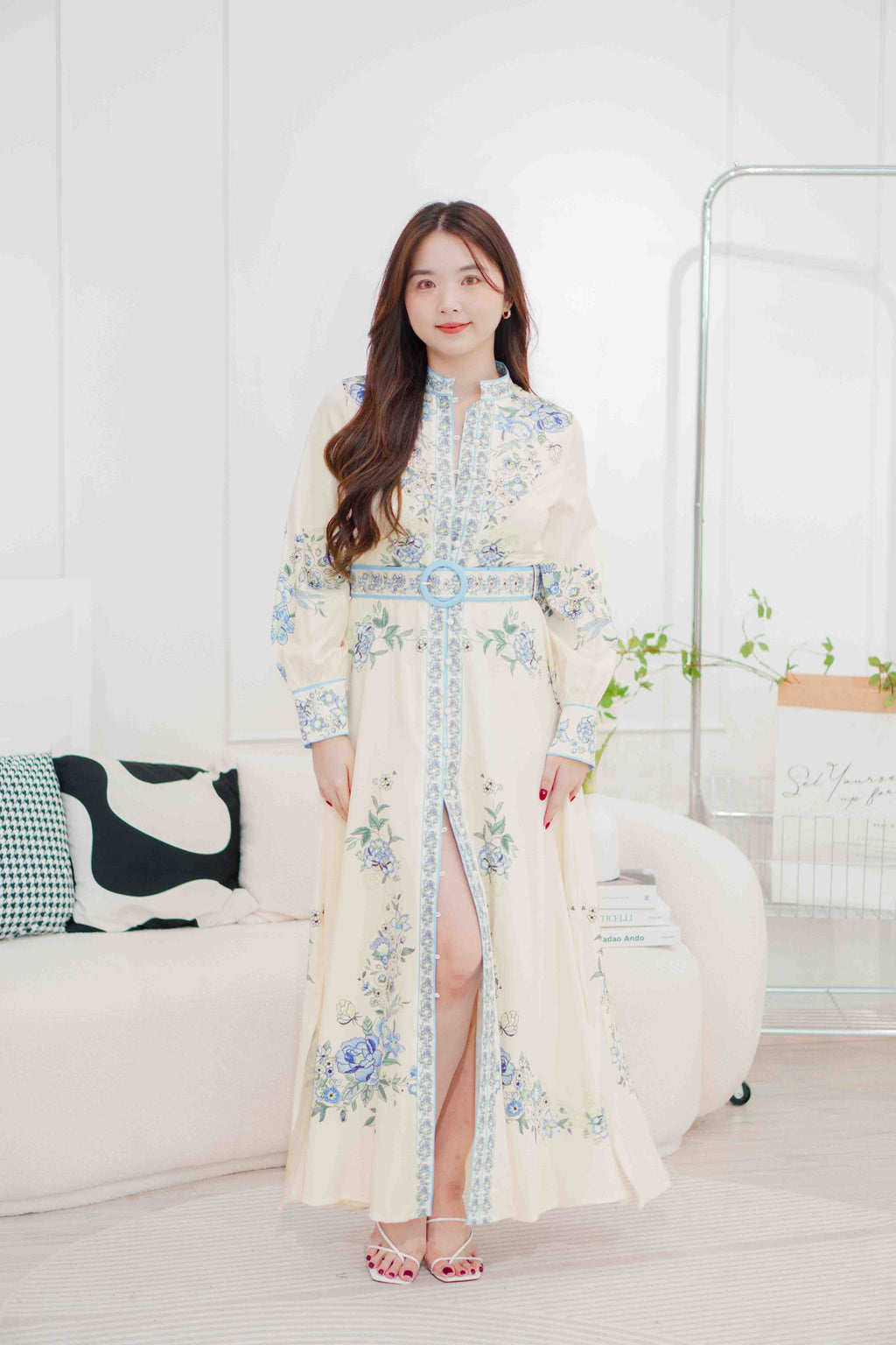 Octavia Floral Long Sleeve Dress with Belt in Blue