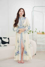 Octavia Floral Long Sleeve Dress with Belt in Blue