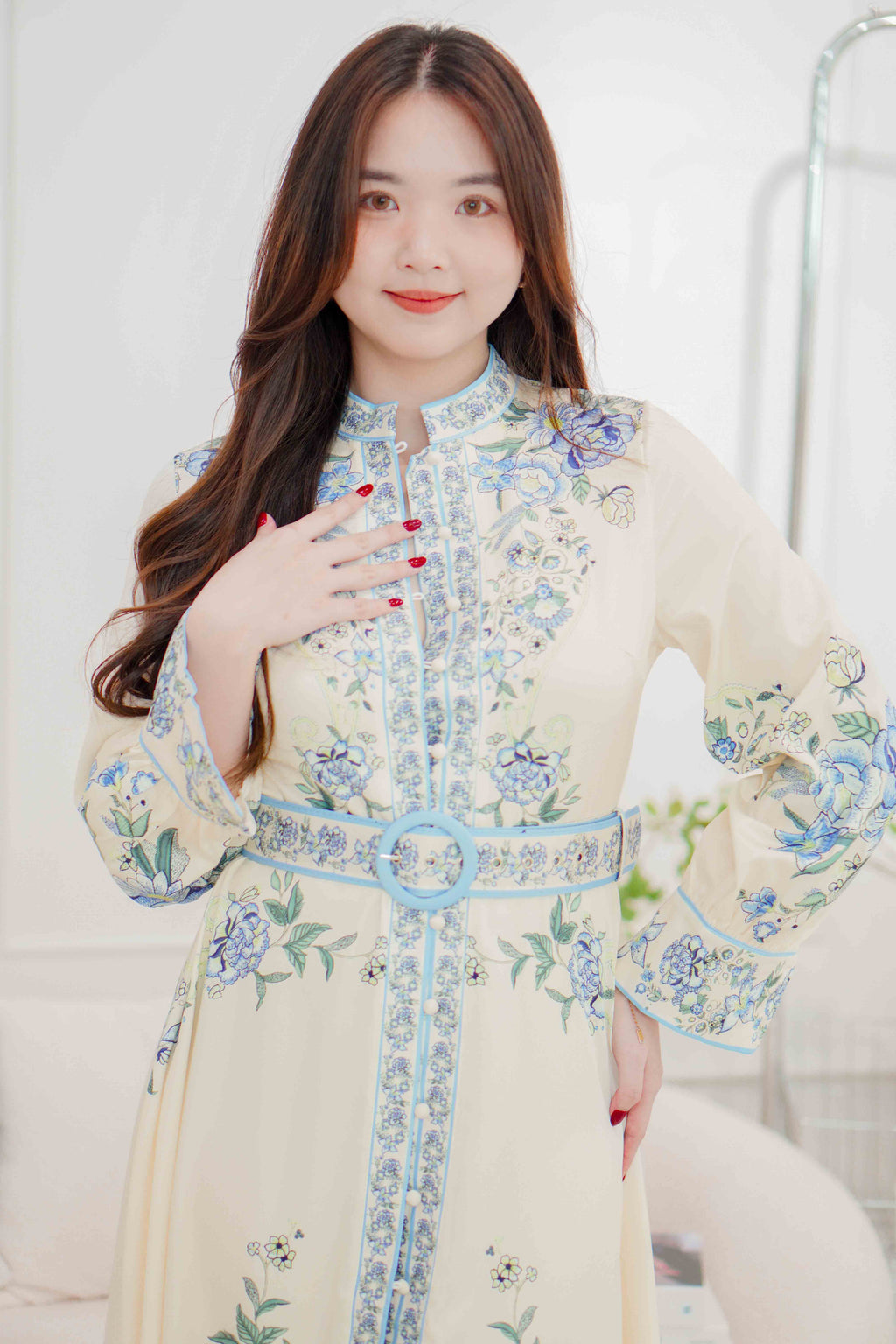 Octavia Floral Long Sleeve Dress with Belt in Blue