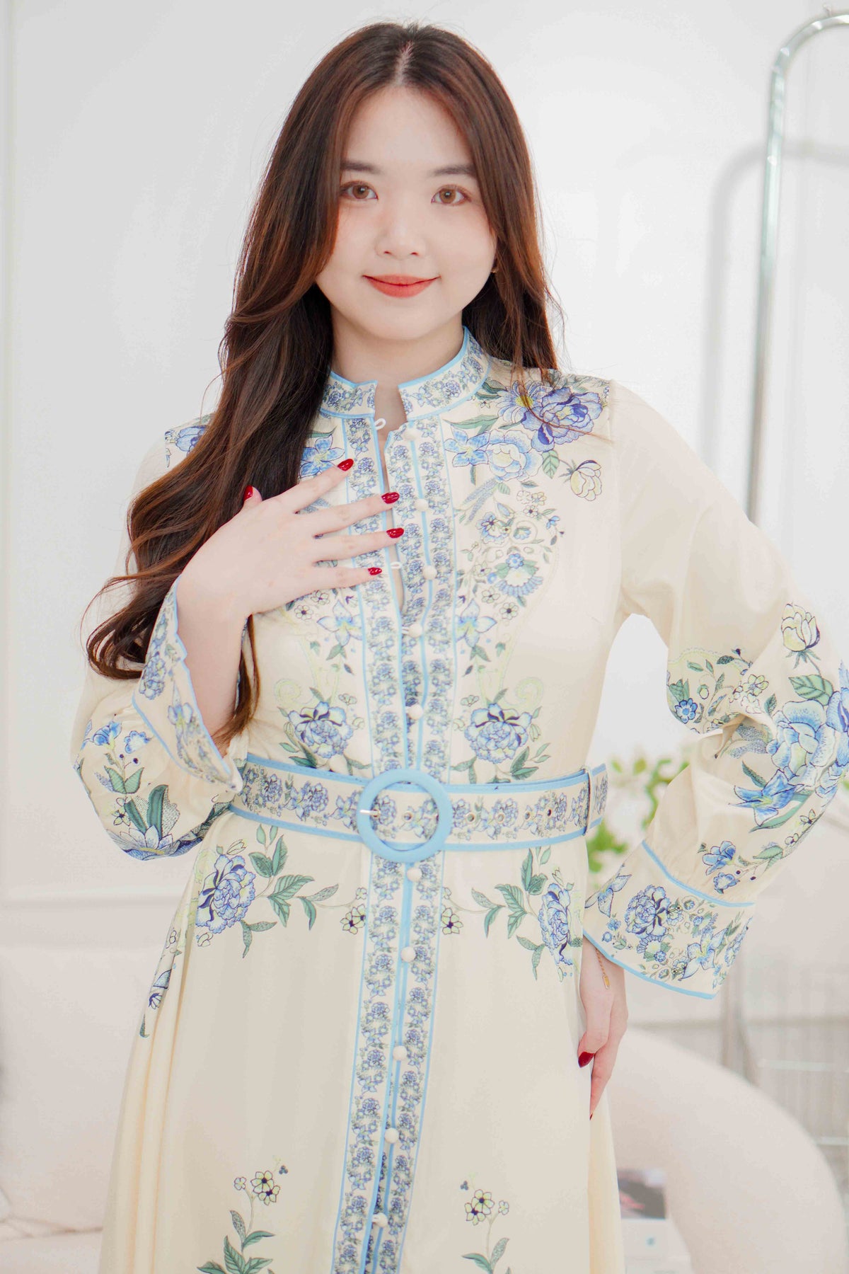 Octavia Floral Long Sleeve Dress with Belt in Blue