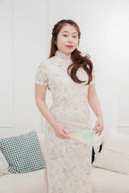 Rui Mini Pearl Long Floral Lace Cheongsam in Cream