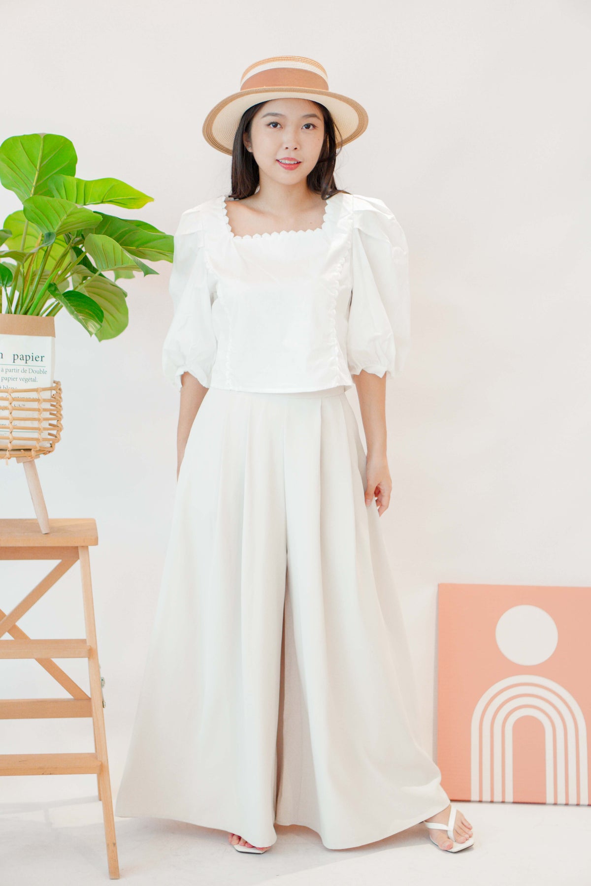 Sieya Square Neck Puffy Sleeve Blouse Top in White