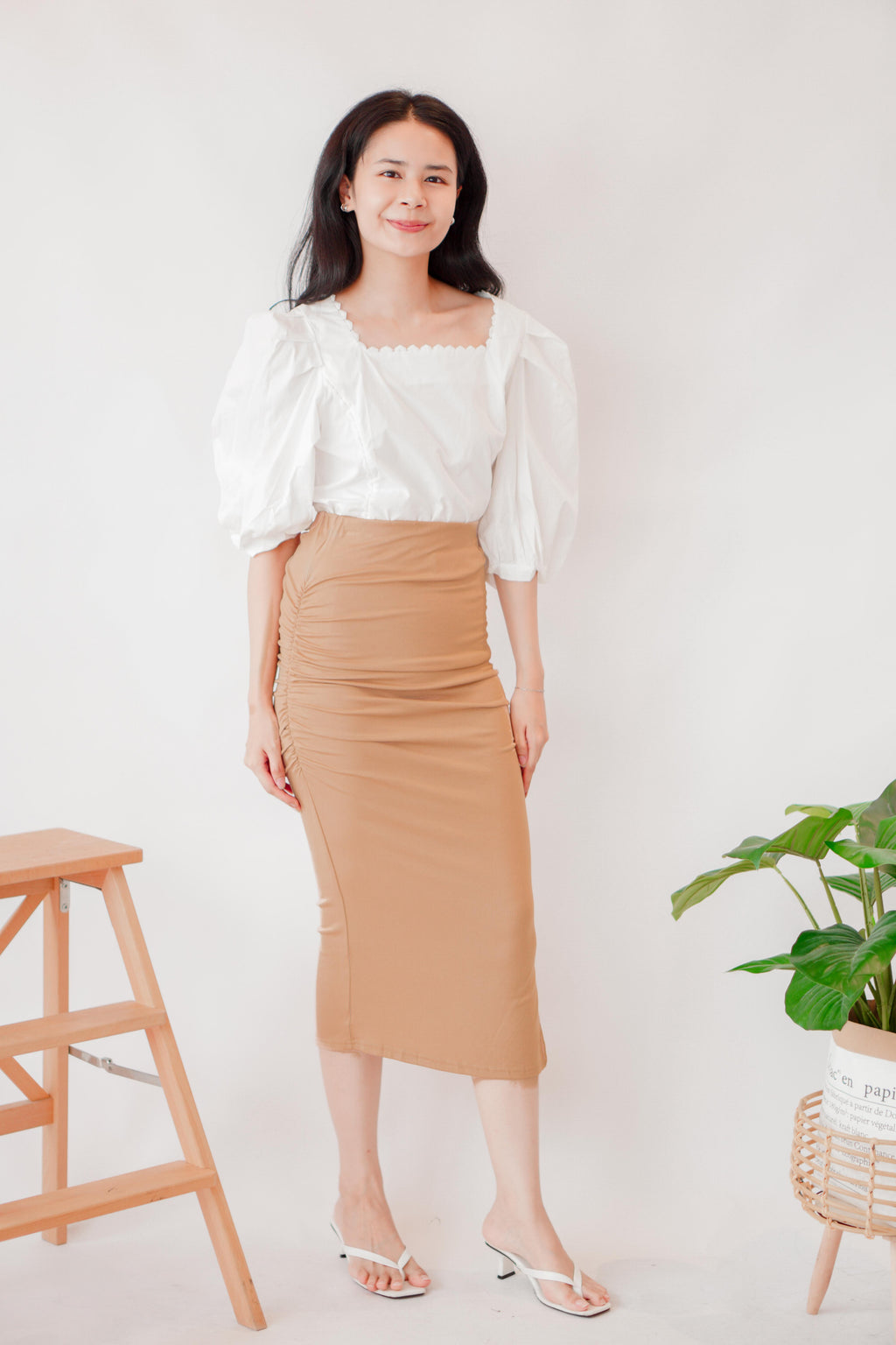 Sieya Square Neck Puffy Sleeve Blouse Top in White