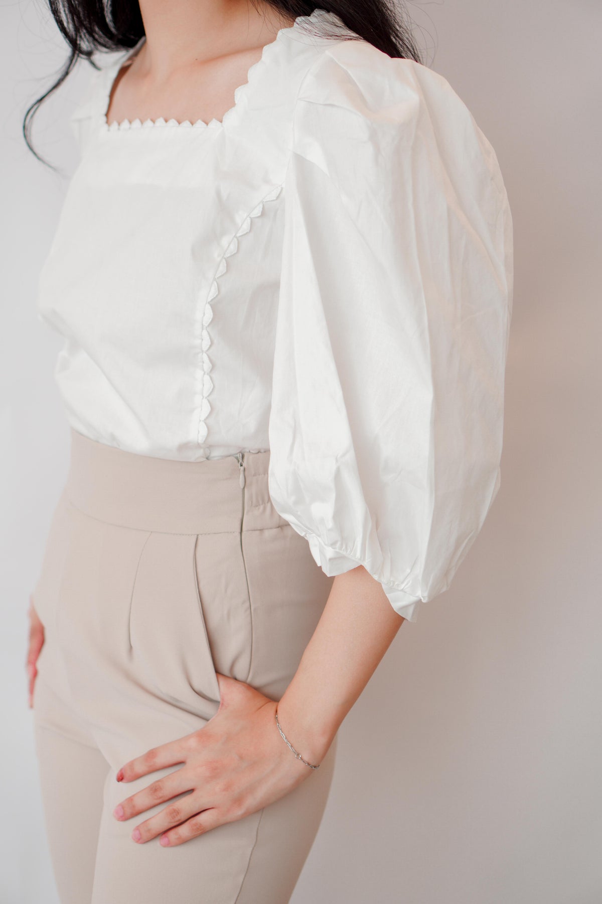 Sieya Square Neck Puffy Sleeve Blouse Top in White