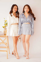 Los Angeles Satin Tie Skirt in Blue Grey