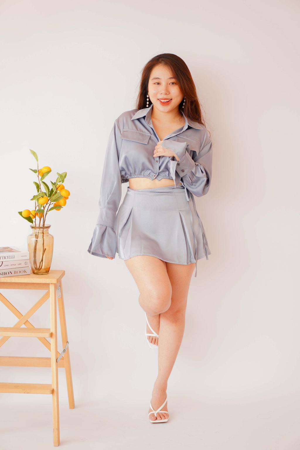 Los Angeles Satin Tie Skirt in Blue Grey