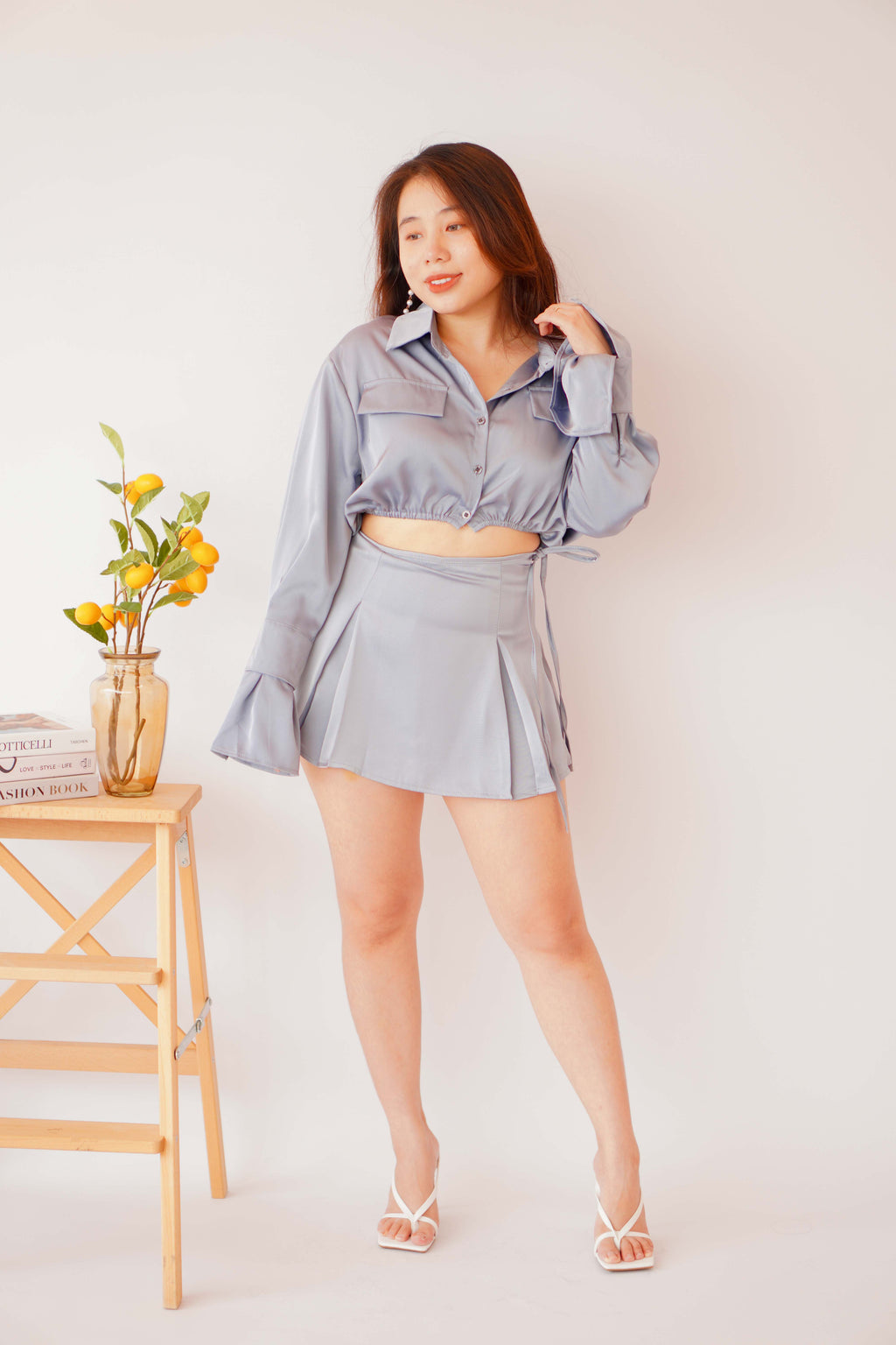 Los Angeles Satin Tie Skirt in Blue Grey