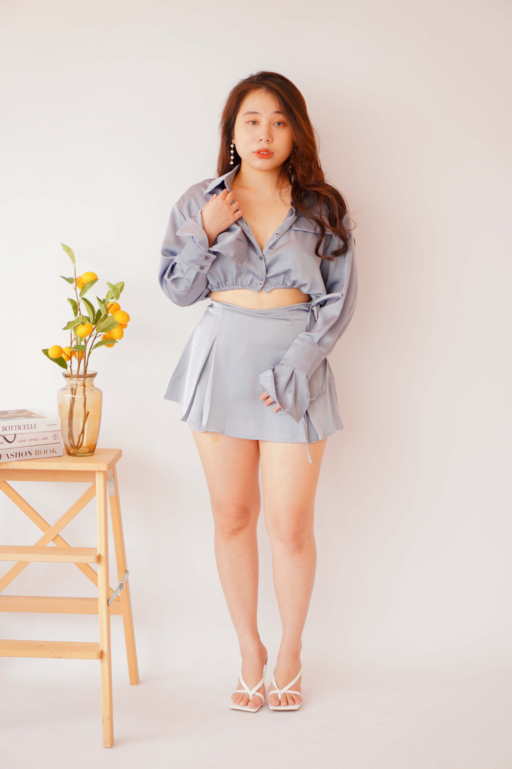 Los Angeles Satin Tie Skirt in Blue Grey