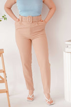 Freda High Waisted Pants with Belt in Khaki