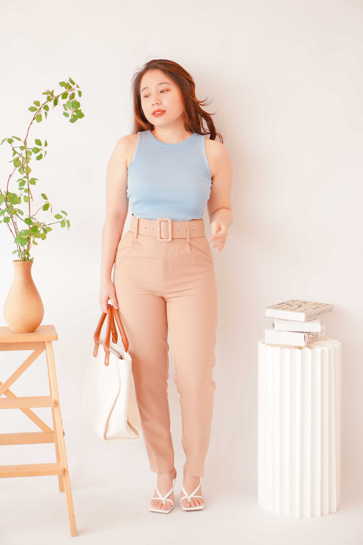 Freda High Waisted Pants with Belt in Khaki
