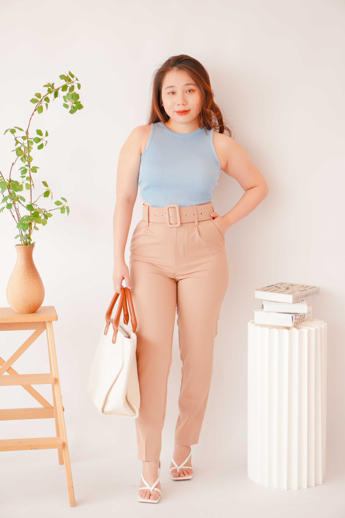 Freda High Waisted Pants with Belt in Khaki