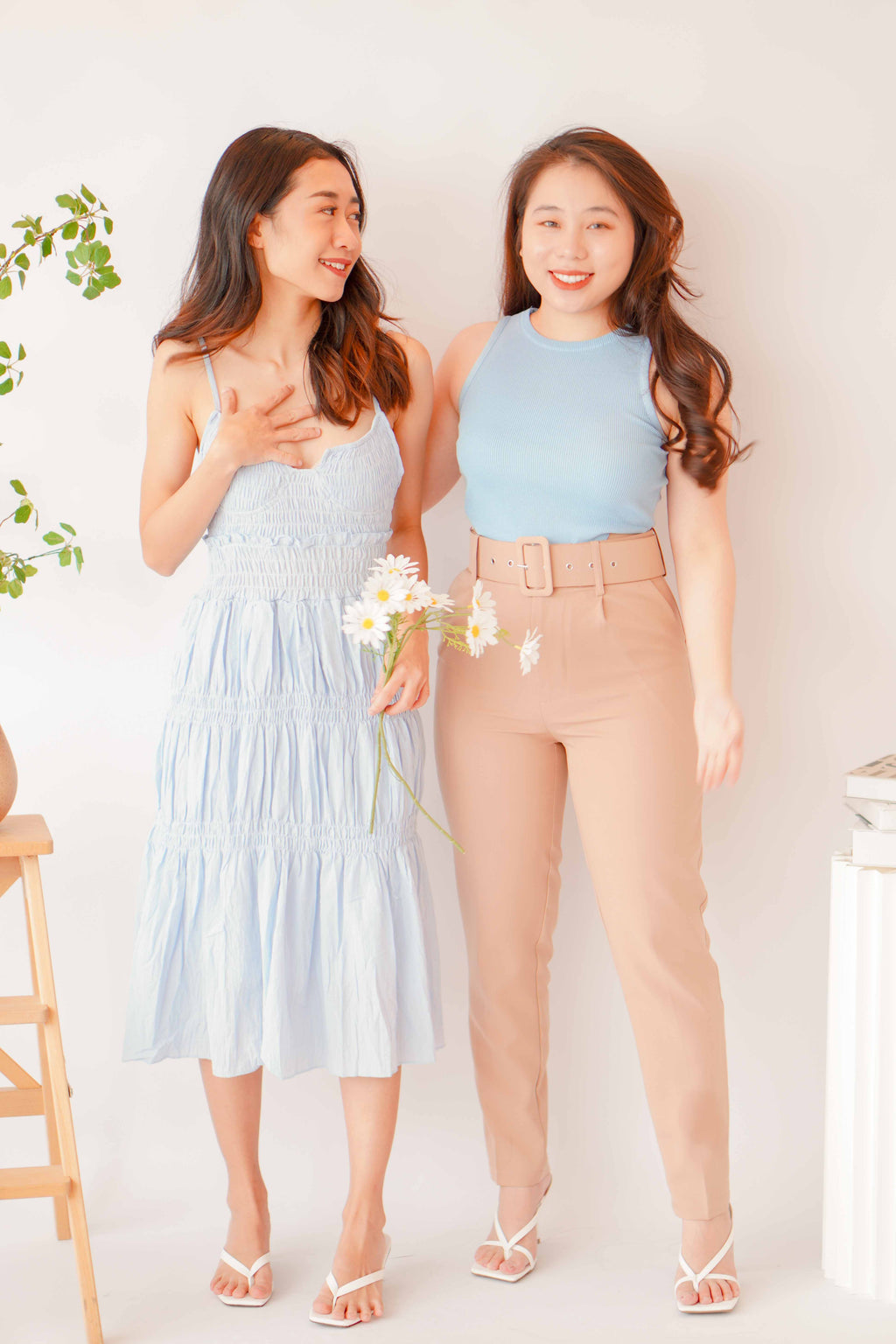 Freda High Waisted Pants with Belt in Khaki