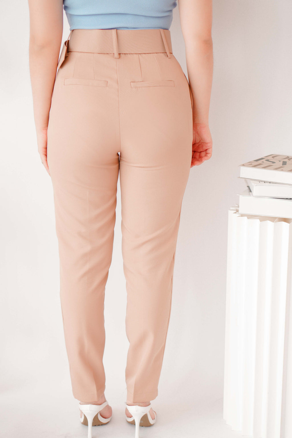 Freda High Waisted Pants with Belt in Khaki