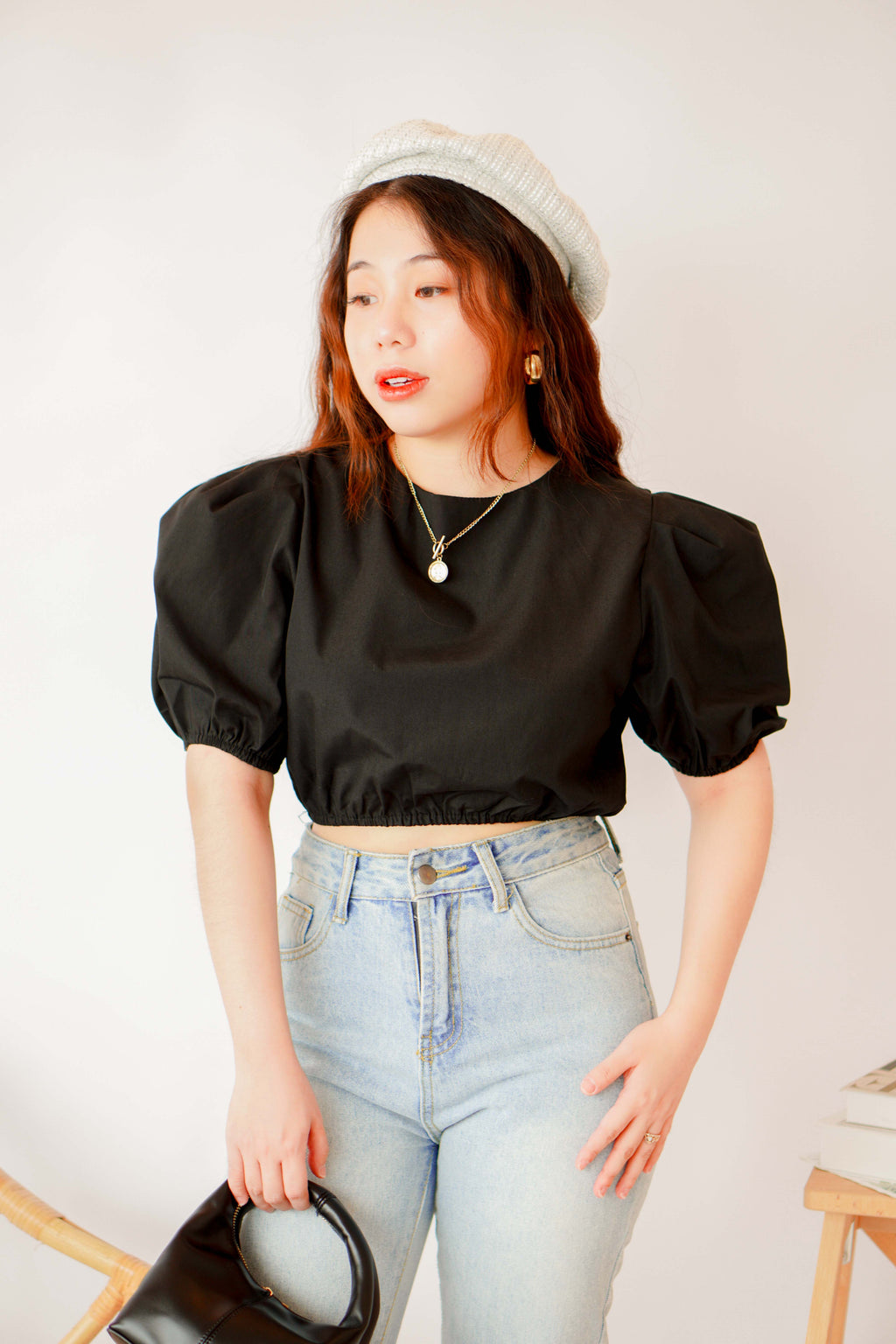 Macchiato Puffy Sleeve Crop Top in Black