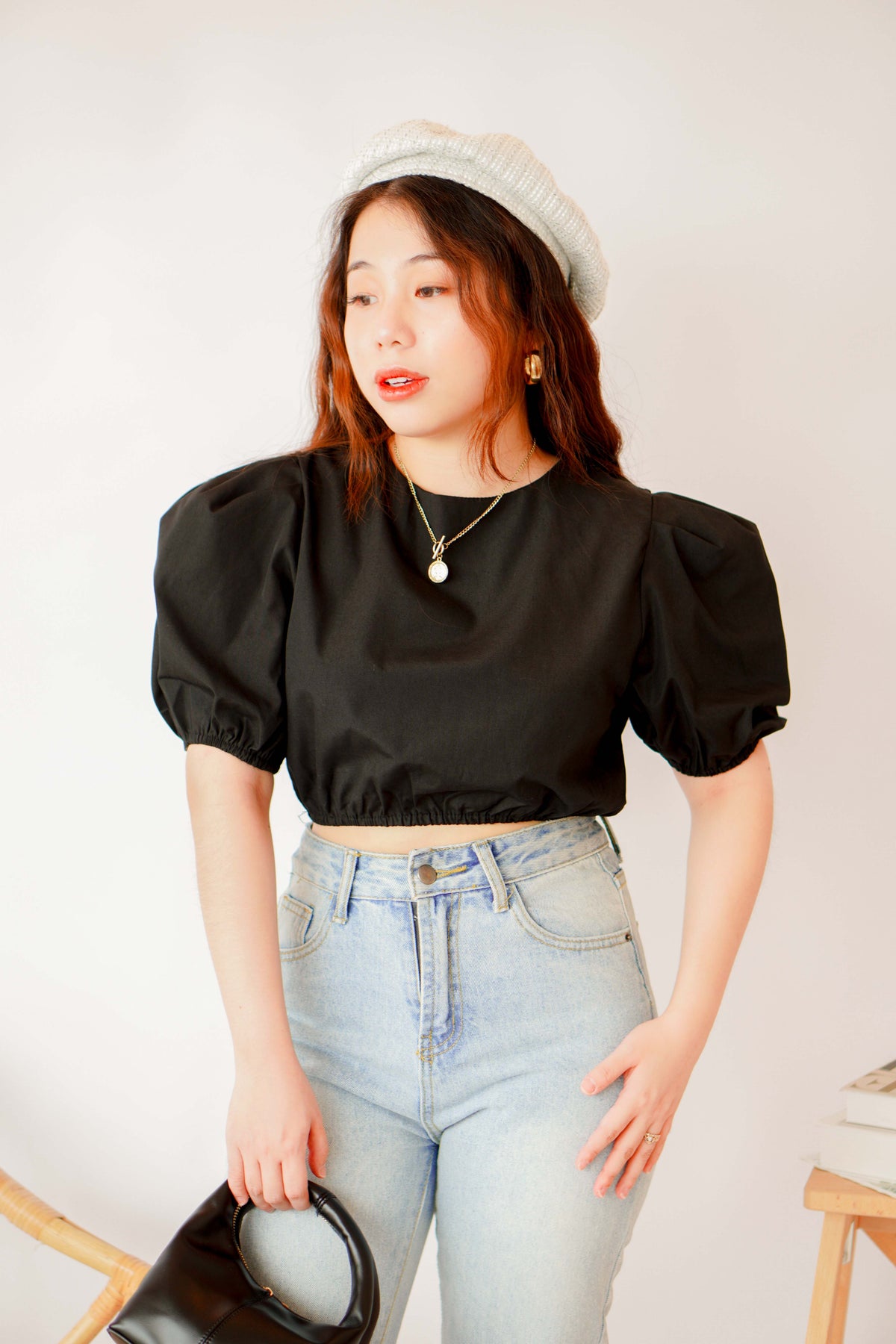 Macchiato Puffy Sleeve Crop Top in Black