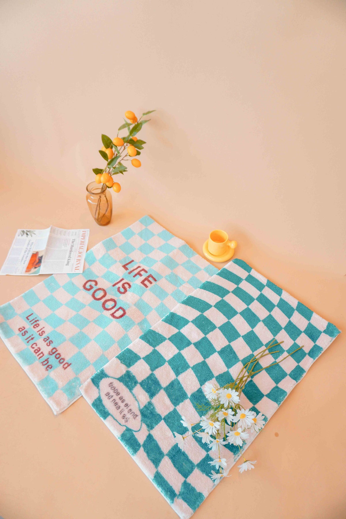 Life Is Good Checkered Rug in Teal Blue