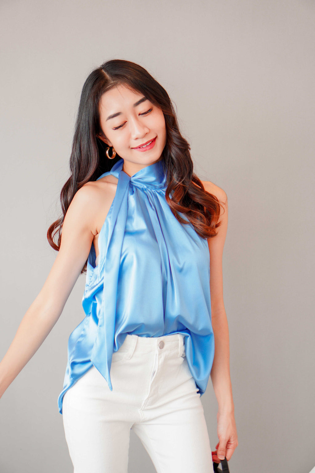 Glam Dreaming High Neck Satin Top in Blue