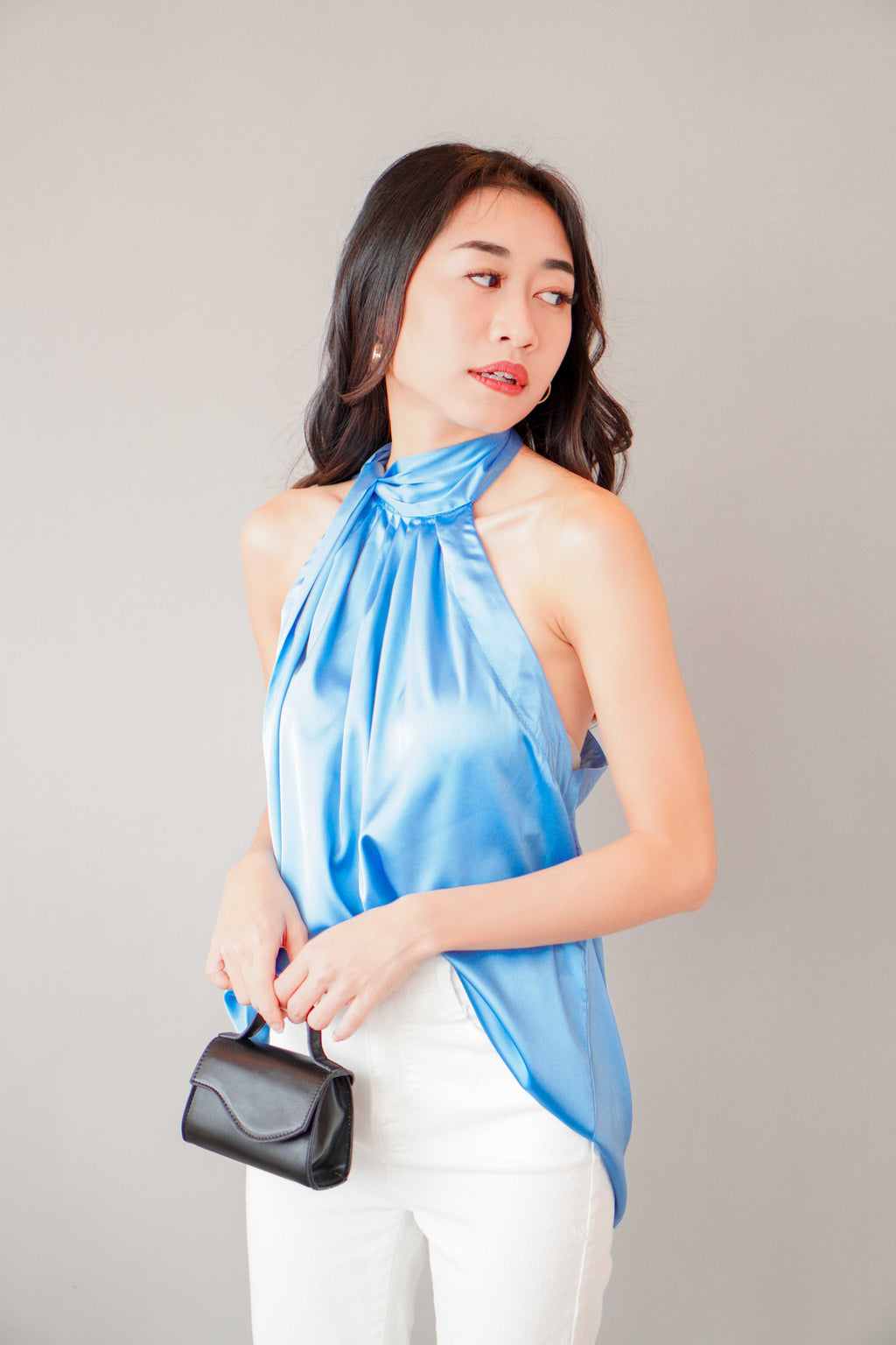 Glam Dreaming High Neck Satin Top in Blue