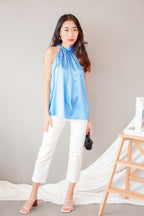 Glam Dreaming High Neck Satin Top in Blue
