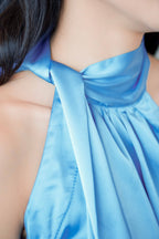 Glam Dreaming High Neck Satin Top in Blue
