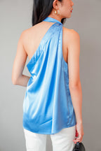 Glam Dreaming High Neck Satin Top in Blue