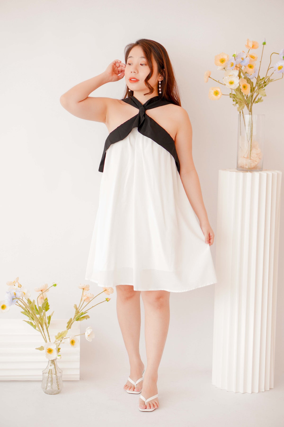 Classic Charm Halter Dress in White with Black Lining