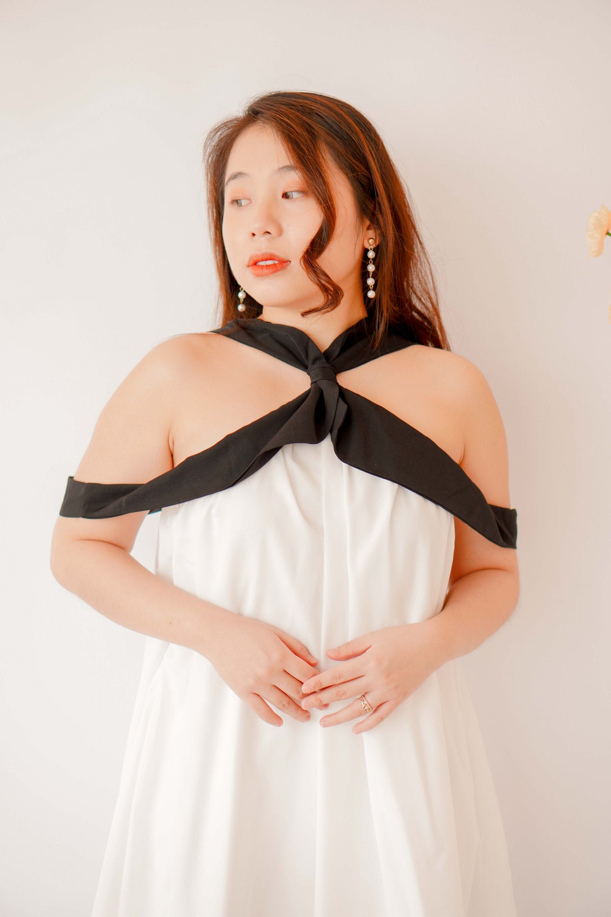 Classic Charm Halter Dress in White with Black Lining
