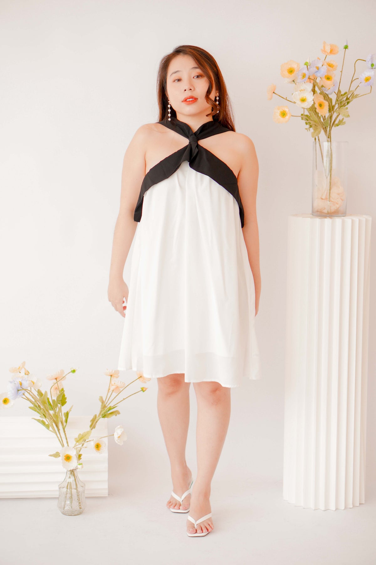 Classic Charm Halter Dress in White with Black Lining