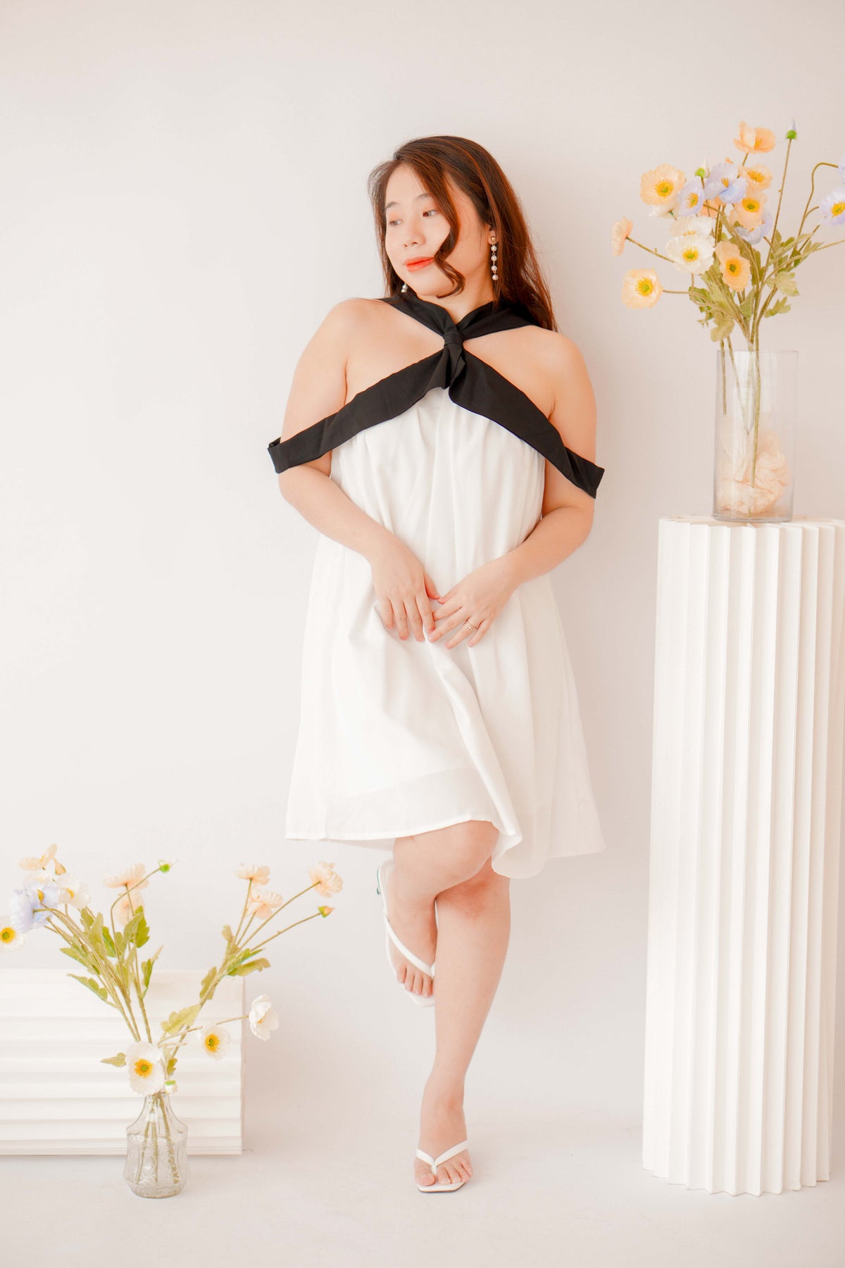 Classic Charm Halter Dress in White with Black Lining