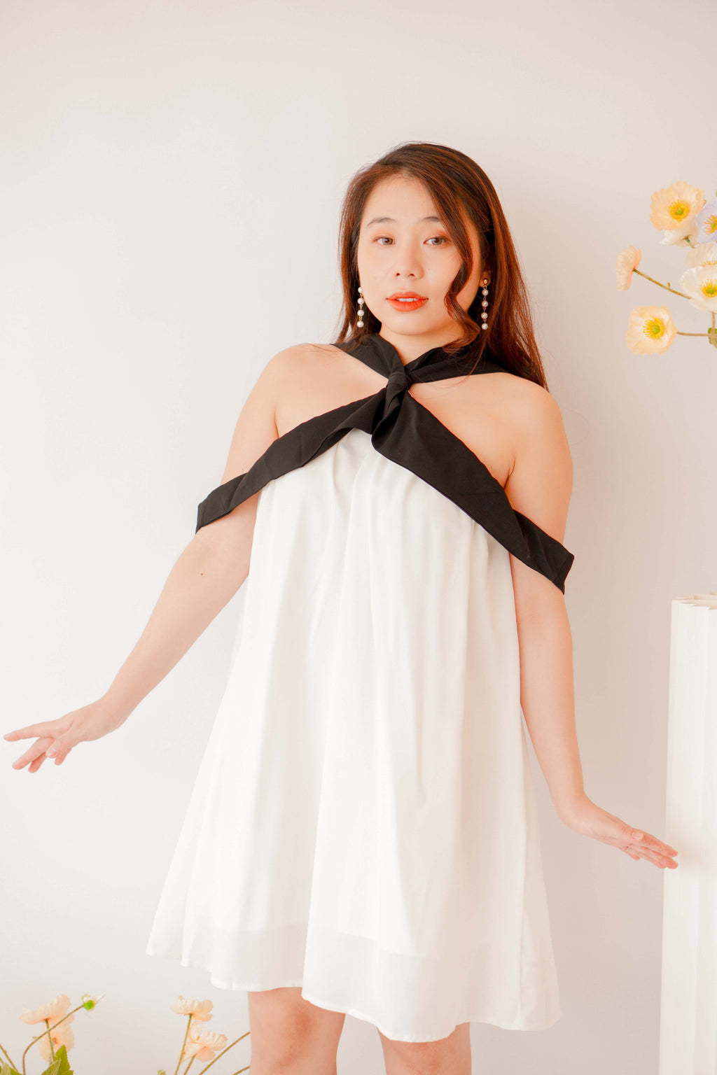 Classic Charm Halter Dress in White with Black Lining