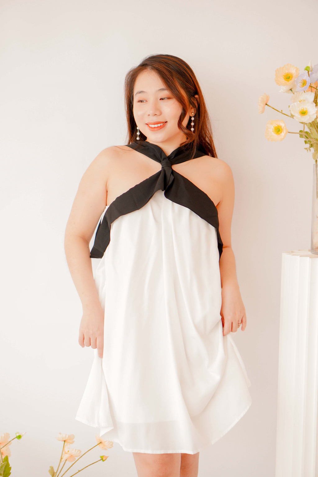 Classic Charm Halter Dress in White with Black Lining